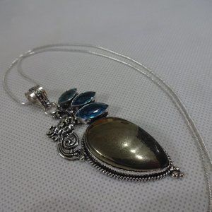 Stunning "APACHE PYRITE & BLUE TOPAZ" Handmade Sterling Necklace/Chain #481A